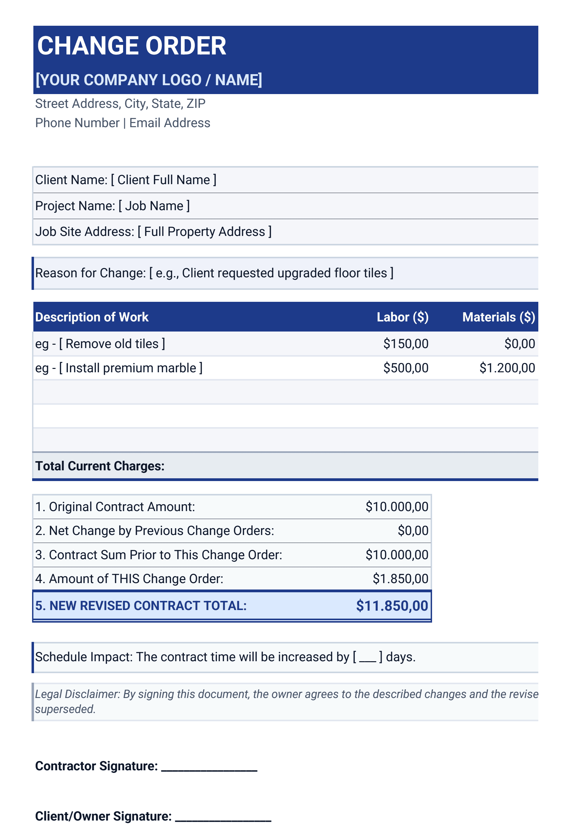 Excel Change Order Template
