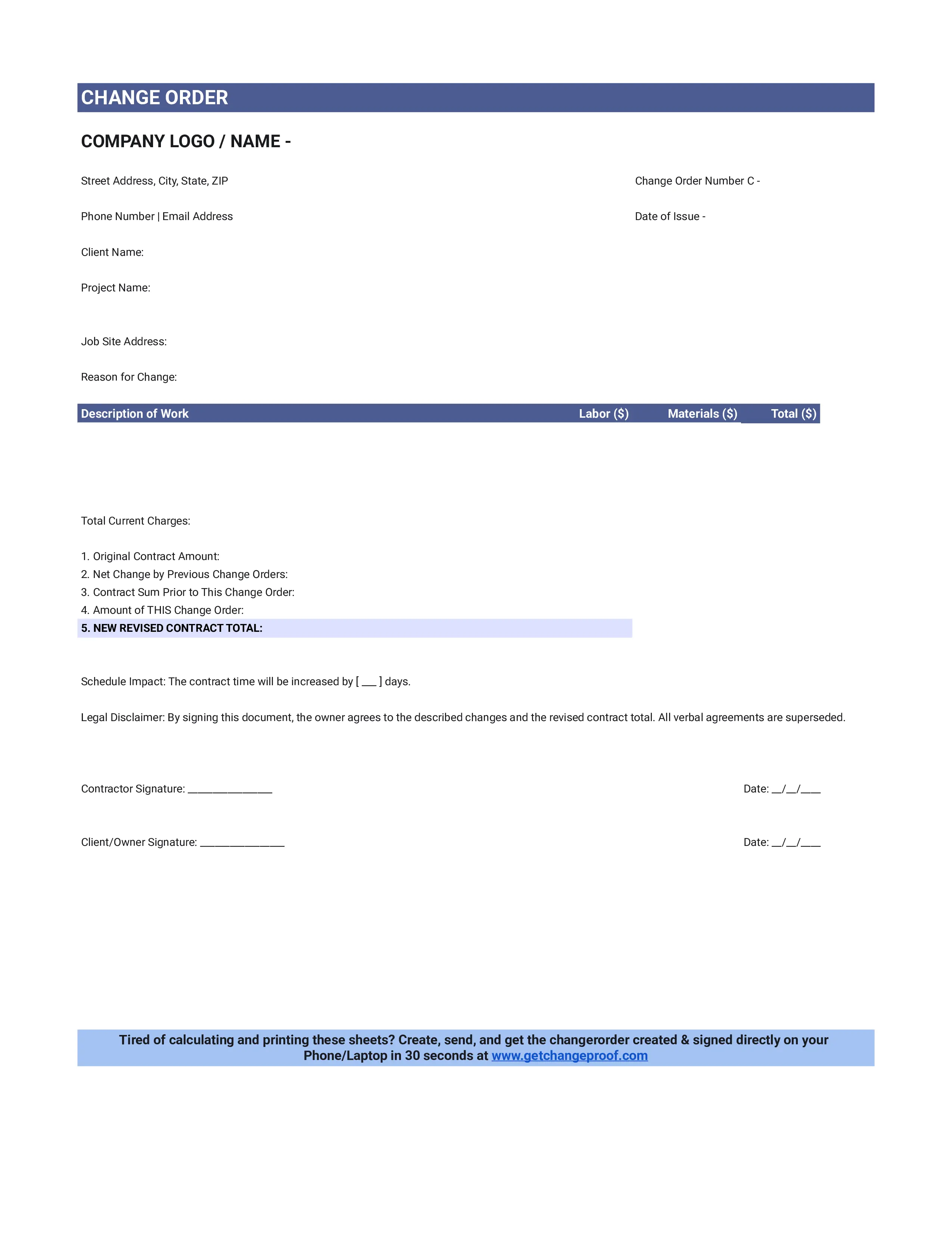 PDF Change Order Form